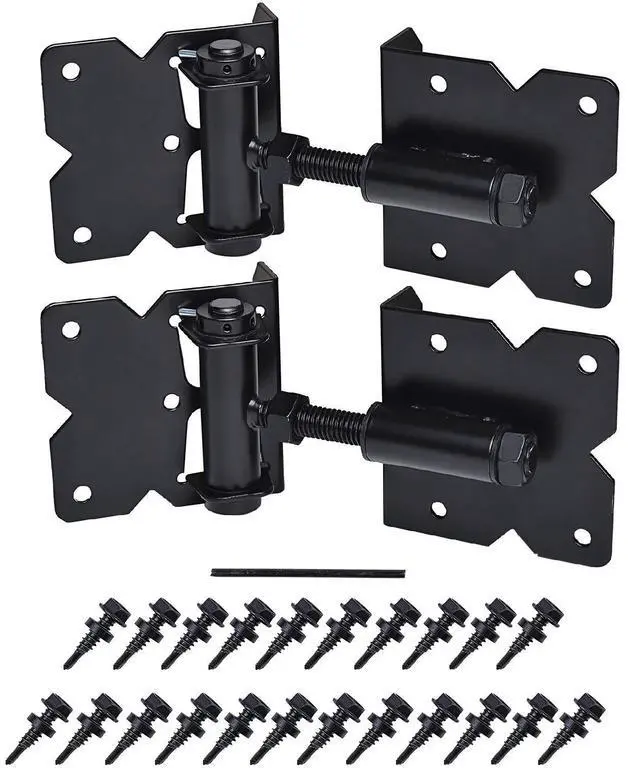 Main image of Self Closing Gate Hinges Heavy Duty, 90 Degree Adjustable, 2 Pcs | Heavy duty gate hinges fence hinges for Wooden/Vinyl/PVC Fences, with installation screws and swing adjuster tool, black