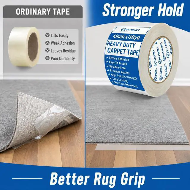 Alt view image 3 of 7 - Heavy Duty Carpet Tape 4 Inch x 30 Yards, Extra Wide Double Sided Rug Gripper for Hardwood Floors, Strong Adhesive Non-Slip Tape for Area Rugs, Runners & Mats, High Tack & Durable Hold