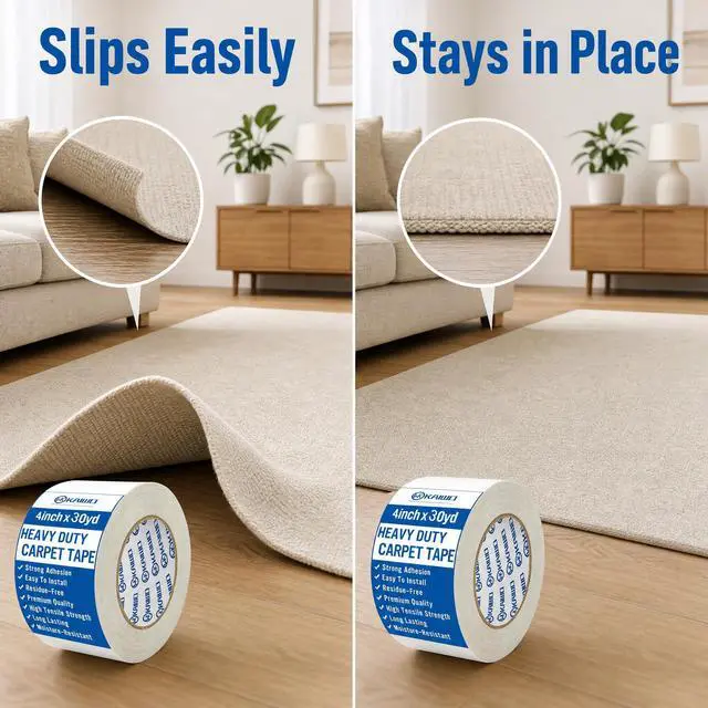 Alt view image 5 of 7 - Heavy Duty Carpet Tape 4 Inch x 30 Yards, Extra Wide Double Sided Rug Gripper for Hardwood Floors, Strong Adhesive Non-Slip Tape for Area Rugs, Runners & Mats, High Tack & Durable Hold