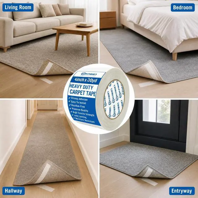 Alt view image 7 of 7 - Heavy Duty Carpet Tape 4 Inch x 30 Yards, Extra Wide Double Sided Rug Gripper for Hardwood Floors, Strong Adhesive Non-Slip Tape for Area Rugs, Runners & Mats, High Tack & Durable Hold