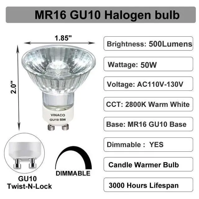 Alt view image 2 of 7 - GU10+C 120V 50W Halogen Bulbs, 6Pack MR16 Dimmable for Candle Warmer | High Heat Output, Even Wax Melt, No-Flicker, Long Lasting, 2800K Warm White, Track, Recessed, Cabinet & Gallery Lights