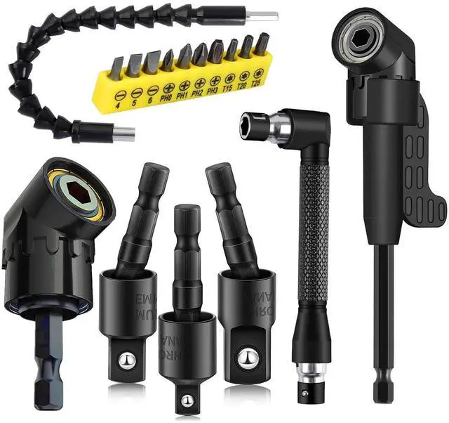 Main image of 17Pcs Flexible Drill Bit Extension, Include 3Pcs Rotatable Socket Adapter 2Pcs Hex Shank 105° Right Angle Drill Attachment 10 Short Screwdriver Bits 90° Angled Bits and Bendable Extension