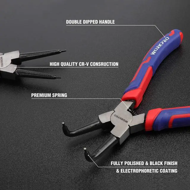 Alt view image 3 of 7 - 4-Piece Snap Ring Pliers Set with Storage Pouch | 7-inch Internal/External Circlip Pliers Kit, Straight/Bent Jaw, Cr-V Steel, For Retaining Ring Removal