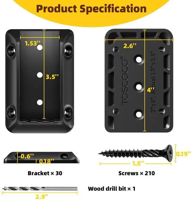 Alt view image 3 of 7 - 30 Pcs Deck Railing Brackets for 2×4 (Actual 1.5" × 3.5") Wood Rail | Heavy Duty Nylon 66 Railing Connectors for Wood Post to Handrail Connection with 215 Pcs Deck Screws for Deck Stair Fence