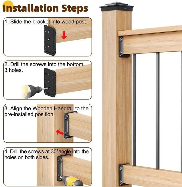 Alt view image 5 of 7 - 30 Pcs Deck Railing Brackets for 2×4 (Actual 1.5" × 3.5") Wood Rail | Heavy Duty Nylon 66 Railing Connectors for Wood Post to Handrail Connection with 215 Pcs Deck Screws for Deck Stair Fence