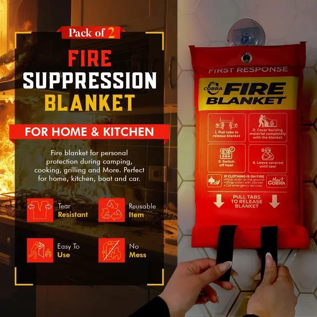 Alt view image 3 of 6 - Emergency Fire Blanket for Home & Kitchen 2-Pack Safety | Fiberglass Extinguisher Grease Stove Reusable Protection Preparedness RV Car Fireproof Retardant Resistant Suppression