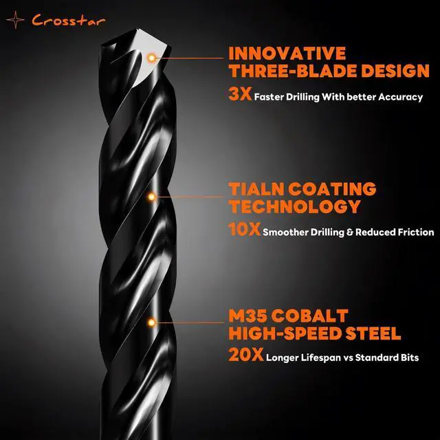 Alt view image 5 of 7 - M35 Cobalt Drill Bit Set for Hardened Metal & Stainless Steel - 21pcs Titanium Aluminum Nitride Coated (TiAlN), Three-Flute Design, 1/16"-1/2" Metal Drill Bits