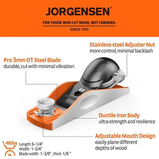 Alt view image 2 of 7 - NO.60-1/2 6-1/4" Wood Planer, Hand Planer for Woodworking | Low Angle Block Plane, Small Hand Plane for Trimming, Wood Planing, Craft - Professional Ductile Iron Body, Adjustable Mouth