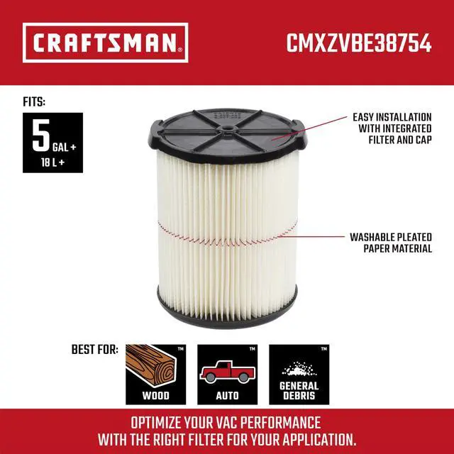 Alt view image 2 of 7 - CMXZVBE38754 Genuine 5-20 Gal. General Purpose Wet Dry Vac Filter | Fits Most 5 to 20 Gallon Shop Vacuums, Easy Installation and Traps General Debris