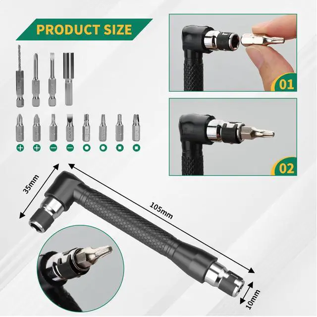 Alt view image 2 of 7 - 19-Piece Flexible Drill Bit Extension Kit, 2 Right Angle Adapters | Two 105° Right Angle Attachments, 3 Rotating Socket Adapters, 12 Screwdriver Bits and a Bendable Extension for Tight Spaces