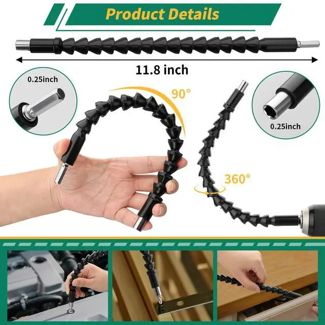 Alt view image 6 of 7 - 19-Piece Flexible Drill Bit Extension Kit, 2 Right Angle Adapters | Two 105° Right Angle Attachments, 3 Rotating Socket Adapters, 12 Screwdriver Bits and a Bendable Extension for Tight Spaces