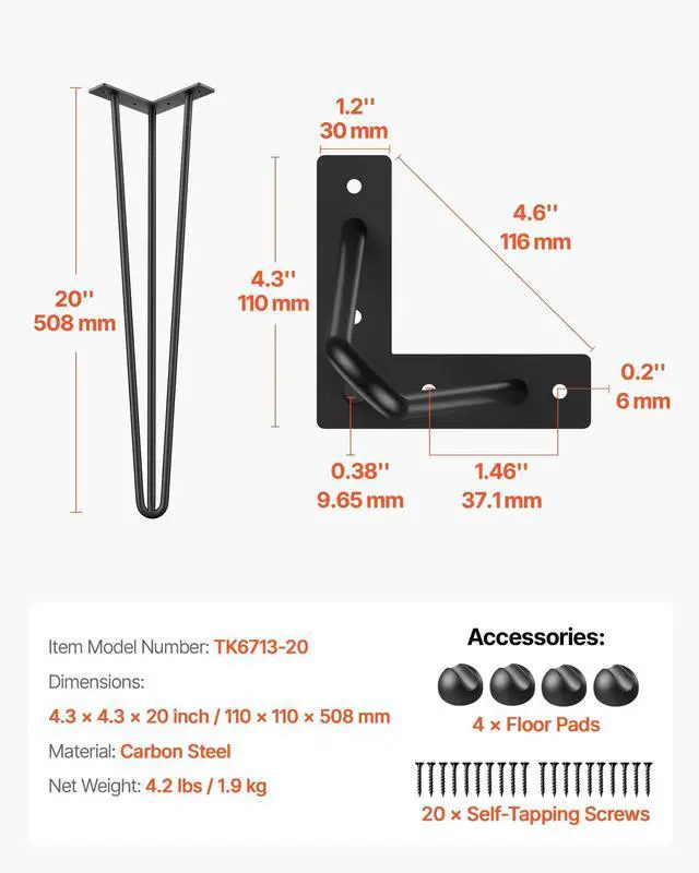 Alt view image 2 of 7 - Hairpin Table Legs 20" Black Set of 4 Desk Legs 880lbs Load Capacity (Each 220lbs) Hairpin Desk Legs 3 Rods for Bench Desk Dining End Table Chairs Carbon Steel DIY Heavy Duty Furniture Legs