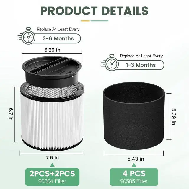 Alt view image 6 of 7 - 90304 Replacement Filter Kit for Shop Vac Cartridge Filter 90350 90304 | 90333 90585, Fits Most 5 Gallon and above Wet Dry Vacuum Cleaner (2+2+4+1)