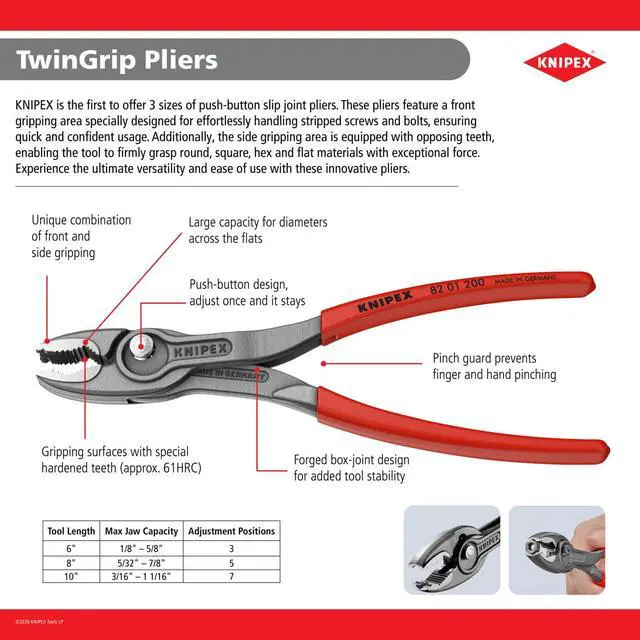 Alt view image 5 of 7 - 82 01 200 TwinGrip Pliers, 8-inch | Slip joint pliers with push button adjustment