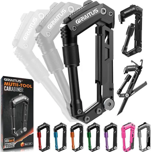 Main image of Carabiner Multitool 8-in-1 EDC Carabiners Pocket Knife for Camping, Black | Gifts for Men, Folding Serrated Knife, Bottle Opener, Rope Cutter, Screwdriver, Ruler, Survival Gear for Hiking Packs Carry