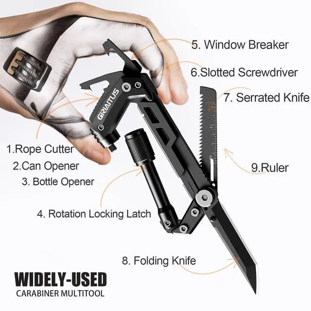Alt view image 2 of 7 - Carabiner Multitool 8-in-1 EDC Carabiners Pocket Knife for Camping, Black | Gifts for Men, Folding Serrated Knife, Bottle Opener, Rope Cutter, Screwdriver, Ruler, Survival Gear for Hiking Packs Carry