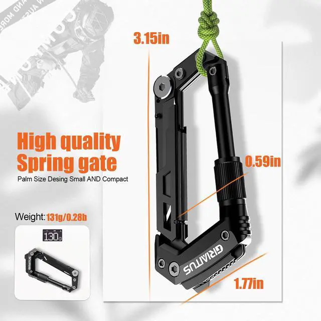 Alt view image 3 of 7 - Carabiner Multitool 8-in-1 EDC Carabiners Pocket Knife for Camping, Black | Gifts for Men, Folding Serrated Knife, Bottle Opener, Rope Cutter, Screwdriver, Ruler, Survival Gear for Hiking Packs Carry