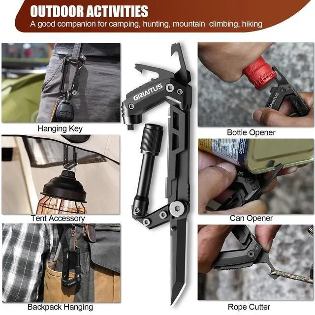 Alt view image 4 of 7 - Carabiner Multitool 8-in-1 EDC Carabiners Pocket Knife for Camping, Black | Gifts for Men, Folding Serrated Knife, Bottle Opener, Rope Cutter, Screwdriver, Ruler, Survival Gear for Hiking Packs Carry