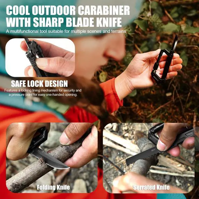 Alt view image 5 of 7 - Carabiner Multitool 8-in-1 EDC Carabiners Pocket Knife for Camping, Black | Gifts for Men, Folding Serrated Knife, Bottle Opener, Rope Cutter, Screwdriver, Ruler, Survival Gear for Hiking Packs Carry