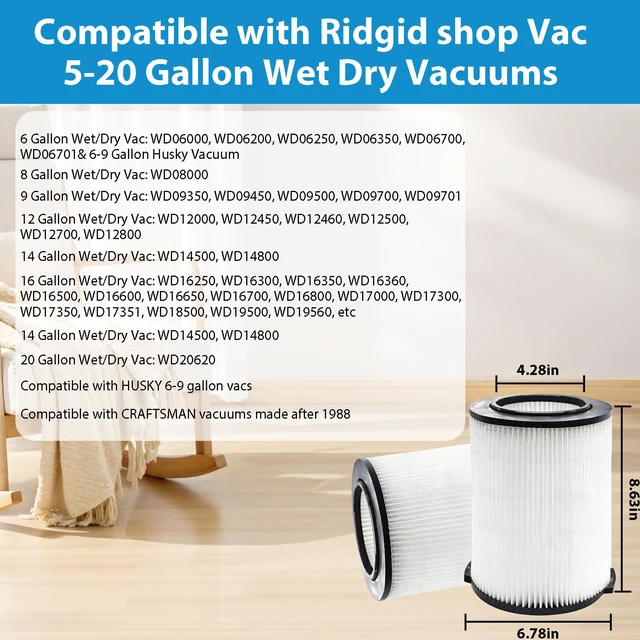 Alt view image 2 of 7 - VF4000 Replacement Filter for Ridgid Shop Vac Filter 2-Pack 72947 Standard Filter, Compatible with Ridgid 5-20 Gallon Wet Dry Vacuums, Husky 6-9 Gallon Vacs & Craftsman Vacs