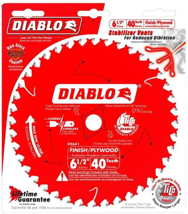 Alt view image 4 of 4 - Finish Trim Saw Blade - 6-1/2" Dia, 40-Teeth, 5/8" Arbor | for Wood Cutting, High-Performance, Tico Carbide -.059" Kerf, 10000 Max RPM - D0641X