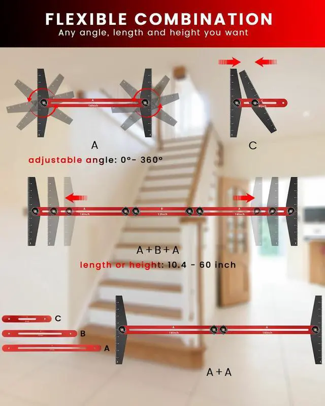 Alt view image 2 of 6 - Stair Tread Template Tool, 8" to 60"Jig, Adjustable for Measuring | 360° Adjustable Angle, 0.16in Thickness, CNC Anodized Surface, Laser Scale, Precise Measuring Tool for Stairs, Floor, Cabinet