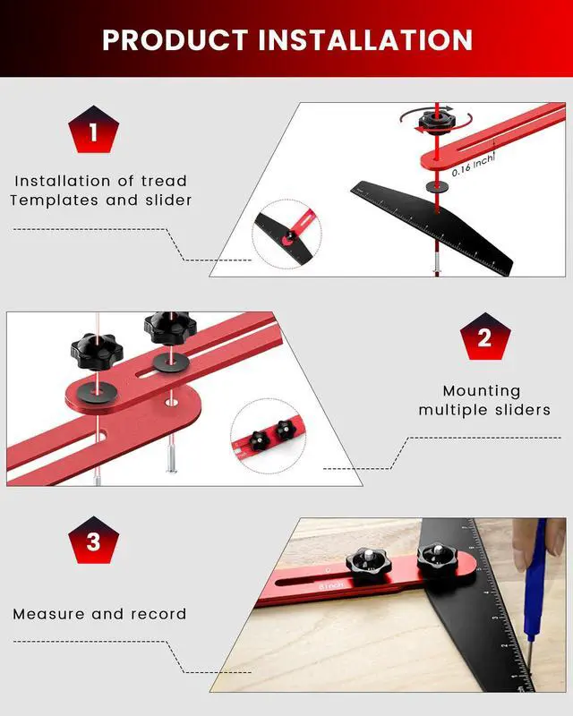Alt view image 3 of 6 - Stair Tread Template Tool, 8" to 60"Jig, Adjustable for Measuring | 360° Adjustable Angle, 0.16in Thickness, CNC Anodized Surface, Laser Scale, Precise Measuring Tool for Stairs, Floor, Cabinet