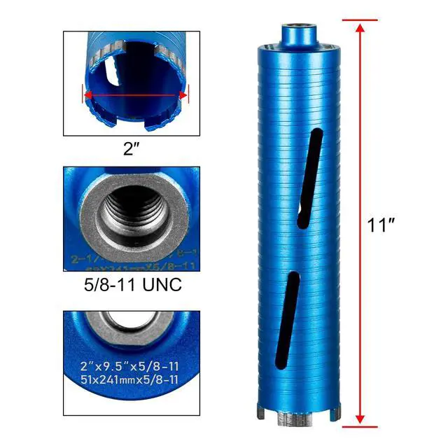 Alt view image 3 of 7 - Diamond Core Drill Bits 2" Diameter 10"/254mm Drilling Depth 5/8-11" Thread Core Bit Turbo Laser-Welded Segments for Cured Concrete with, Brick, Block, Masonry, with Two Adapters