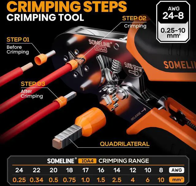 Alt view image 3 of 6 - Ferrule Crimping Tool Kit, AWG 24-8 with 23 Sizes Wire Ferrules | Insulated Ferrule Terminals (Tinned Copper, 8-20mm), Ratchet Square Crimper, for Cable, Car, PLC Panels & Electrical Wiring