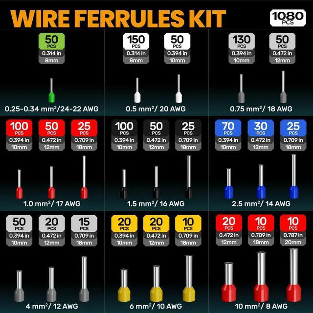 Alt view image 5 of 6 - Ferrule Crimping Tool Kit, AWG 24-8 with 23 Sizes Wire Ferrules | Insulated Ferrule Terminals (Tinned Copper, 8-20mm), Ratchet Square Crimper, for Cable, Car, PLC Panels & Electrical Wiring