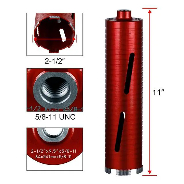 Alt view image 2 of 7 - Diamond Core Drill Bits 2 1/2" Diameter 10"/254mm Drilling Depth 5/8-11" Thread Core Bit Turbo Laser-Welded Segments for Cured Concrete with Brick Block Masonry with Two AdaptersRed
