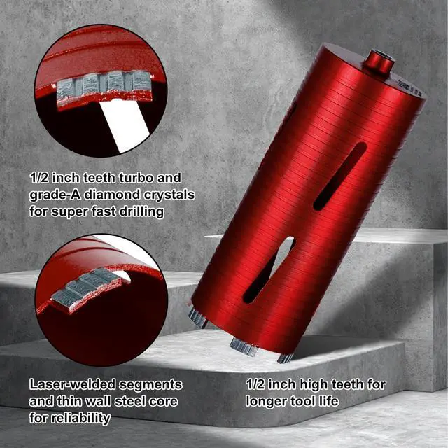 Alt view image 5 of 7 - Diamond Core Drill Bits 2 1/2" Diameter 10"/254mm Drilling Depth 5/8-11" Thread Core Bit Turbo Laser-Welded Segments for Cured Concrete with Brick Block Masonry with Two AdaptersRed