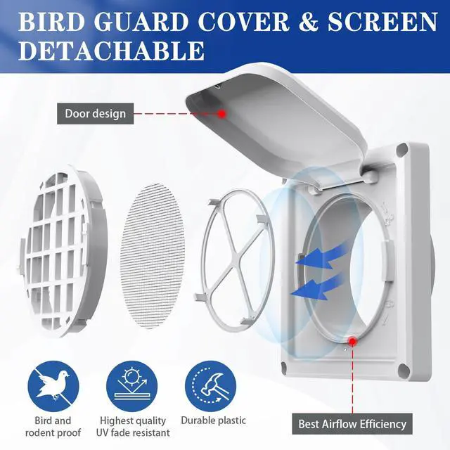 Alt view image 3 of 7 - Dryer Vent Cover Outside 4 inch, Magnetic Door Design, Durable Airflow Vent with Lint Trap Screen, Thickened Material, 6 inch x 6 inch Size, White