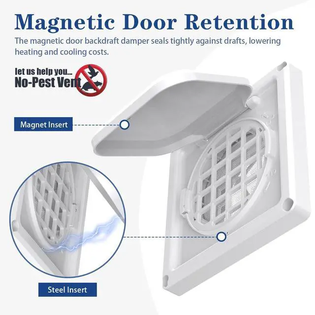 Alt view image 4 of 7 - Dryer Vent Cover Outside 4 inch, Magnetic Door Design, Durable Airflow Vent with Lint Trap Screen, Thickened Material, 6 inch x 6 inch Size, White