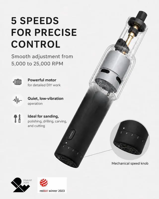 Alt view image 2 of 6 - Cordless Rotary Tool Kit, 5-Speed for 3D Printer Sanding & DIY | Strong Motor Engraving Pen, 5000-25000RPM, LED Light, UBS-C, 35-in-1 Storage Bag for Polishing, Drilling, Carving, Cutting