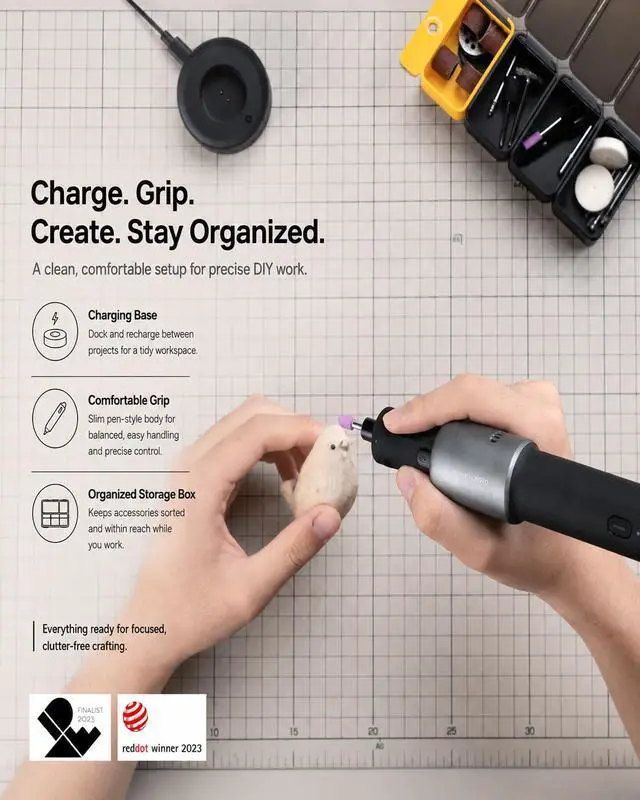 Alt view image 5 of 6 - Cordless Rotary Tool Kit, 5-Speed for 3D Printer Sanding & DIY | Strong Motor Engraving Pen, 5000-25000RPM, LED Light, UBS-C, 35-in-1 Storage Bag for Polishing, Drilling, Carving, Cutting