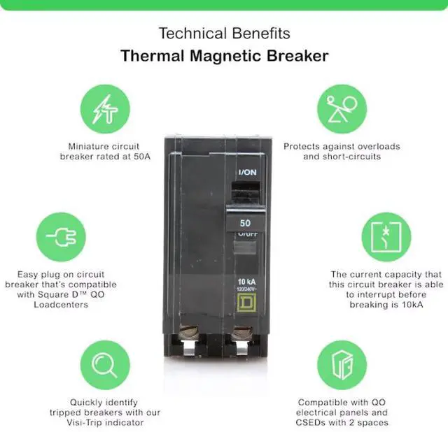 Alt view image 3 of 7 - Genuine Square D QO250 Circuit Breaker Kit, 50 Amp (50A) Double Pole (2 Pole), 120/240V AC, 10kAIC, Plug-in Mount for QO Load Centers & Panels, Visi-Trip Indicator, New Replacement