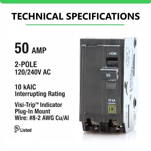 Alt view image 2 of 7 - Genuine Square D QO250 Circuit Breaker Kit, 50 Amp (50A) Double Pole (2 Pole), 120/240V AC, 10kAIC, Plug-in Mount for QO Load Centers & Panels, Visi-Trip Indicator, New Replacement