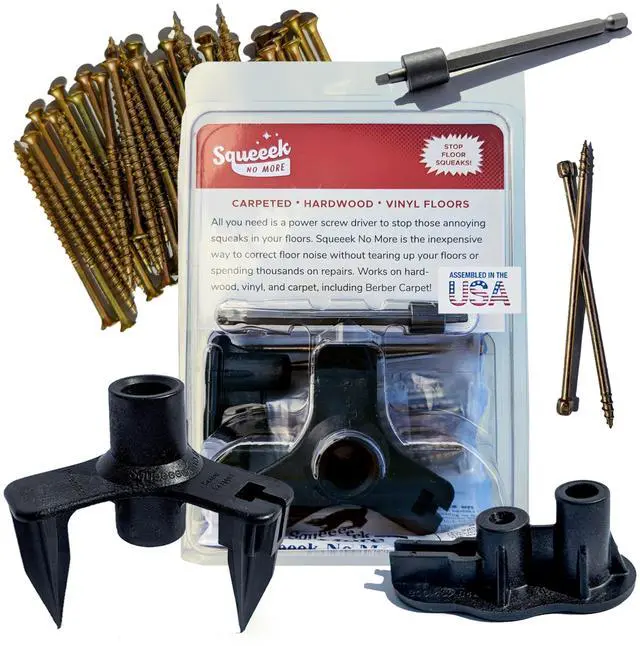 Main image of Squeaky Floor Repair Kit for Hardwood, Carpet, Vinyl & Linoleum Complete Floor Squeak Repair Kit Includes Joist Finder Drill Bits, Tripod Fixture and 50 Counter-snap Screws