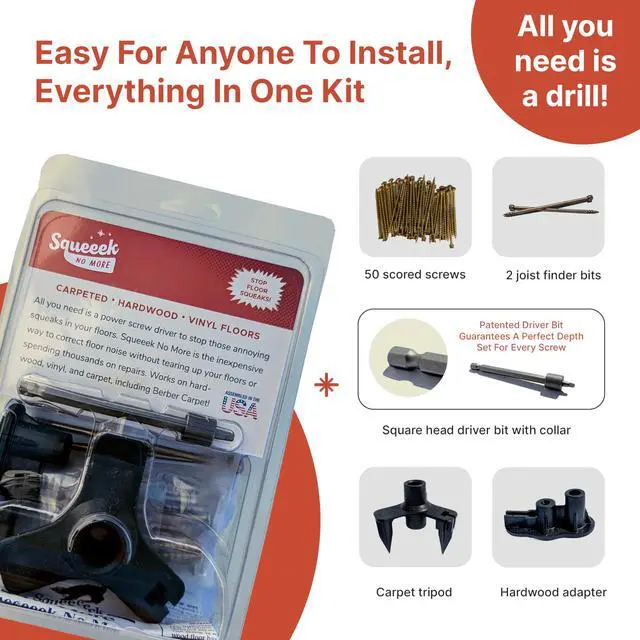 Alt view image 3 of 7 - Squeaky Floor Repair Kit for Hardwood, Carpet, Vinyl & Linoleum Complete Floor Squeak Repair Kit Includes Joist Finder Drill Bits, Tripod Fixture and 50 Counter-snap Screws