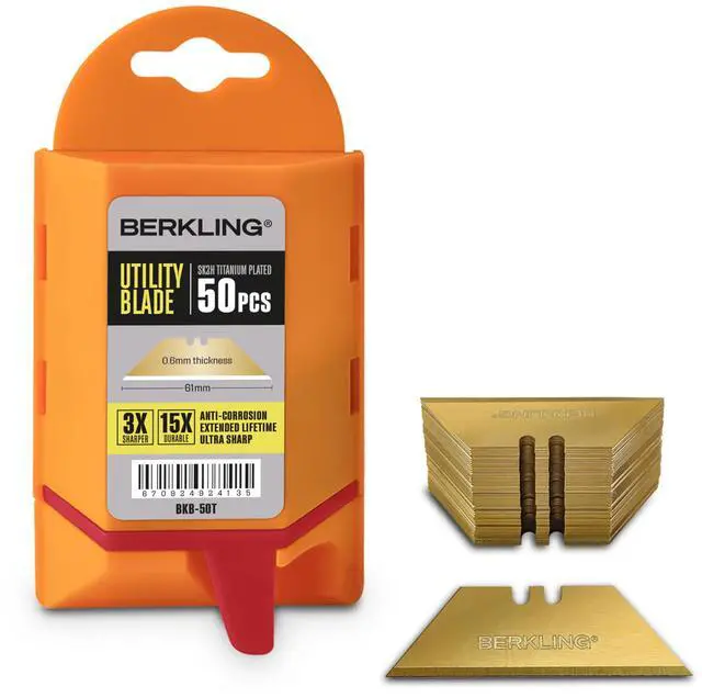 Main image of Berkling 50-Pack Titanium Plated Utility Blades, SK2H Steel, 3x Sharper | 5x More Durable & 3x Sharper Than SK5, Full Titanium-Plated, Rust-Proof, Includes Easy-Use Dispenser, Universal T-Shape Fit