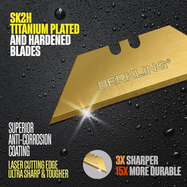 Alt view image 3 of 7 - Berkling 50-Pack Titanium Plated Utility Blades, SK2H Steel, 3x Sharper | 5x More Durable & 3x Sharper Than SK5, Full Titanium-Plated, Rust-Proof, Includes Easy-Use Dispenser, Universal T-Shape Fit