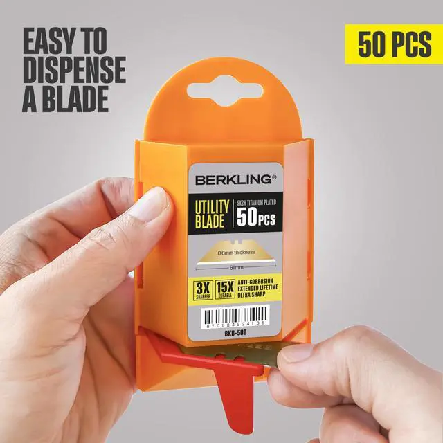 Alt view image 5 of 7 - Berkling 50-Pack Titanium Plated Utility Blades, SK2H Steel, 3x Sharper | 5x More Durable & 3x Sharper Than SK5, Full Titanium-Plated, Rust-Proof, Includes Easy-Use Dispenser, Universal T-Shape Fit