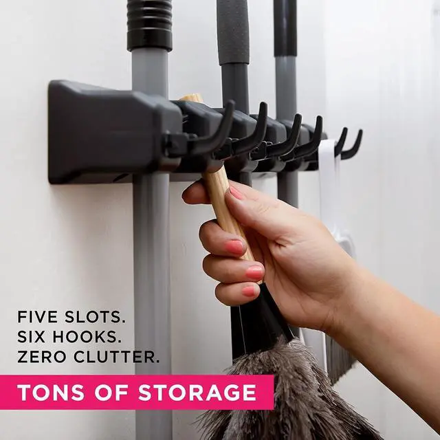 Alt view image 3 of 7 - Broom Holder Wall Mount, Mop and Broom Organizer Wall Mounted Broom Rack & Mop Rack, Rack for Brooms and Mops | Broom Hanger Wall Mount with 5 Slots & 6 Hooks, Kitchen Garage Laundry Garden