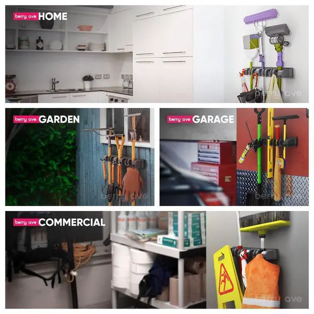 Alt view image 4 of 7 - Broom Holder Wall Mount, Mop and Broom Organizer Wall Mounted Broom Rack & Mop Rack, Rack for Brooms and Mops | Broom Hanger Wall Mount with 5 Slots & 6 Hooks, Kitchen Garage Laundry Garden