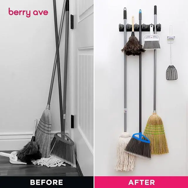 Alt view image 6 of 7 - Broom Holder Wall Mount, Mop and Broom Organizer Wall Mounted Broom Rack & Mop Rack, Rack for Brooms and Mops | Broom Hanger Wall Mount with 5 Slots & 6 Hooks, Kitchen Garage Laundry Garden