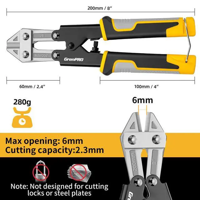 Alt view image 2 of 7 - 8 Inch Heavy Duty Mini Bolt Wire & Cable Cutter, Anti-Slip Pliers | Tri-color PP+TPR grip, hardened cutting blade, wire snips, cable, craft, household, industrial cutting