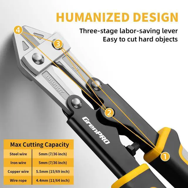 Alt view image 3 of 7 - 8 Inch Heavy Duty Mini Bolt Wire & Cable Cutter, Anti-Slip Pliers | Tri-color PP+TPR grip, hardened cutting blade, wire snips, cable, craft, household, industrial cutting