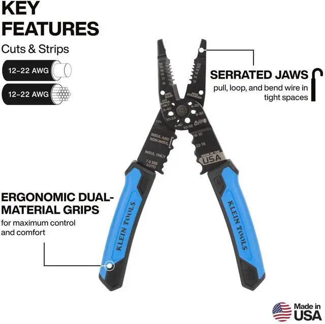 Alt view image 2 of 5 - 1025 Long Nose Multi-Purpose Wire Stripper, Made in USA Professional Electrician Tools, Crimping Tool, Cable Stripper for 10-20 AWG Solid, 12-22 AWG Stranded Wire