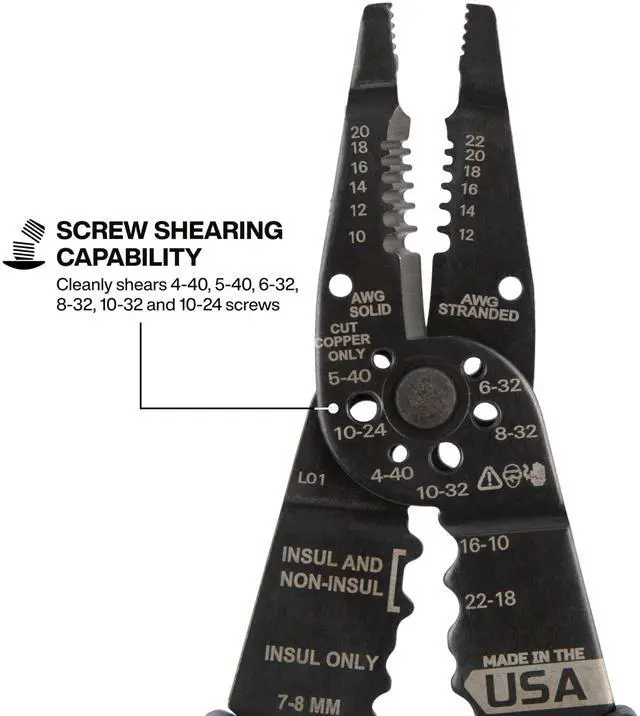 Alt view image 3 of 5 - 1025 Long Nose Multi-Purpose Wire Stripper, Made in USA Professional Electrician Tools, Crimping Tool, Cable Stripper for 10-20 AWG Solid, 12-22 AWG Stranded Wire